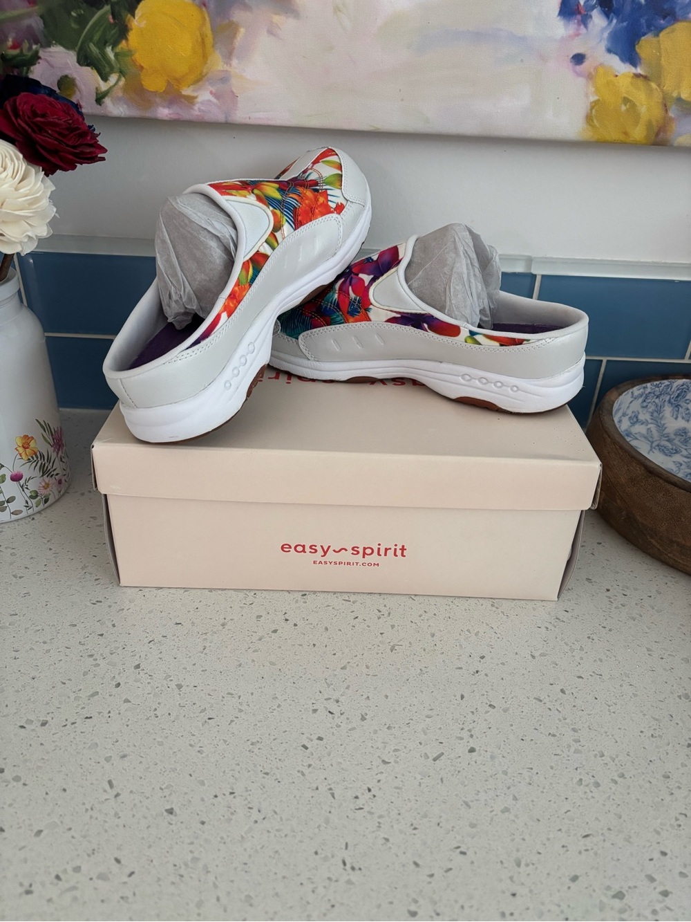 Easy Spirit White Slip-On Clogs with Bright Floral Print